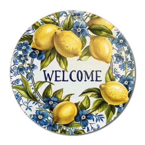 Nyomtatott fa tábla koszorú közép - Welcome citromos 11,8cm 2622