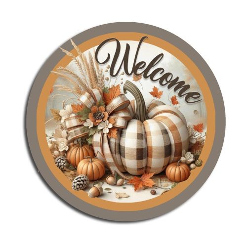 Nyomtatott fa tábla koszorú közép - Welcome kockás tökkel 11,8cm 2676
