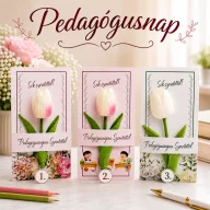  Köszöntő kártya pedagógusnapra, ballagásra, évzáróra – tulipán-dísszel, 3 féle