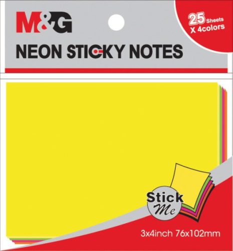 Öntapadó jegyzettömb M&G 76*102mm 4*25 lap, neon színek A13399MIX