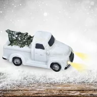 Vintage pick up fenyőfával világítós fehér – koszorúhoz, asztaldíszhez