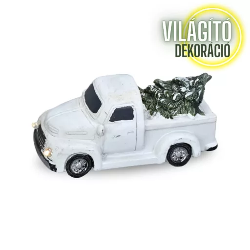 Vintage pick up fenyőfával világítós fehér – koszorúhoz, asztaldíszhez