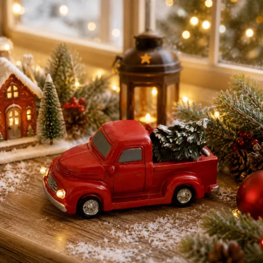 Vintage pick up fenyőfával világítós piros – koszorúhoz, asztaldíszhez