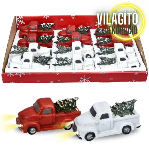 Vintage pick up fenyőfával világítós piros – koszorúhoz, asztaldíszhez