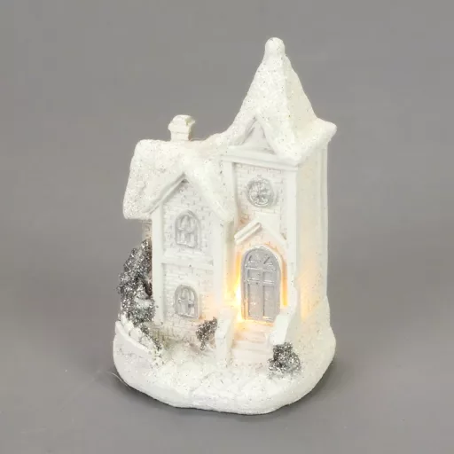 Fehér-ezüst világítós házikó kicsi 1db – karácsonyi dekorációhoz