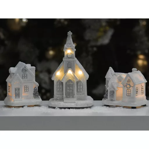 Fehér-ezüstvilágítós házikó közepes – karácsonyi dekorációhoz