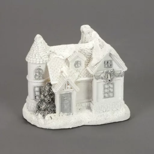 Fehér-ezüstvilágítós házikó közepes – karácsonyi dekorációhoz