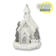 Fehér-ezüst világítós templom kicsi 1db – karácsonyi dekorációhoz