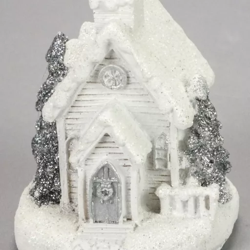 Fehér-ezüst világítós templom kicsi 1db – karácsonyi dekorációhoz