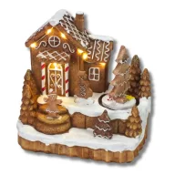 Világítós mézeskalács falu forgós fenyővel – koszorúhoz, asztaldíszhez