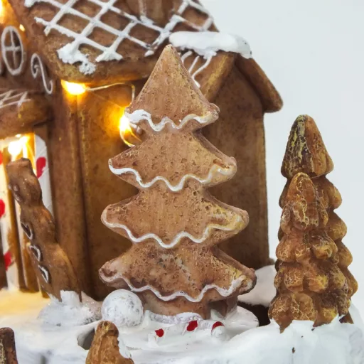 Világítós mézeskalács falu forgós fenyővel – koszorúhoz, asztaldíszhez