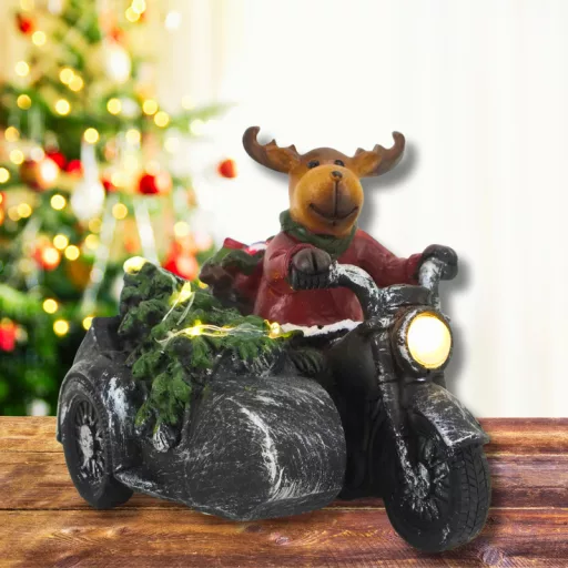 Világítós karácsonyi rénszarvas motoron - LED-es ünnepi dekoráció – koszorúhoz, asztaldíszhez