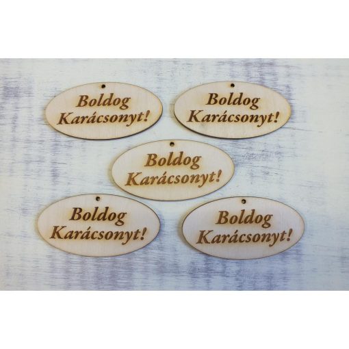 Natúr fa - "Boldog Karácsonyt" gravírozott ovál tábla 4x8cm 5db/csomag