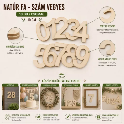 Natúr fa - Szám vegyes 10cm 10db/csomag – festéshez, dekorációhoz
