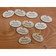 Natúr fa - "Boldog névnapot" gravírozott ovál tábla 10db/csomag – kreatív dekorációhoz