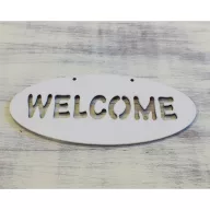 Fa "Welcome" áttört ovál tábla fehér 6x14cm – festéshez, dekorációhoz