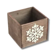 Dekoláda rusztikus kocka 13x13X11cm - Fehér hópihés – ajtódíszhez, koszorúalapnak