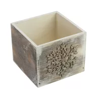 Dekoláda szürkésbarna koptatott kocka 13x13X11cm - Pezsgő hópihés – ajtódíszhez, koszorúalapnak