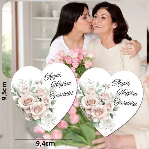 Nyomtatott dekorkarton - Anyák napjára szeretettel szív 9cm 2db/cs – anyák napi dekorációhoz