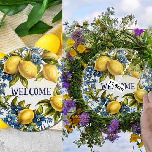 Nyomtatott fa tábla koszorú közép - Welcome citromos 11,8cm – húsvéti dekorációhoz