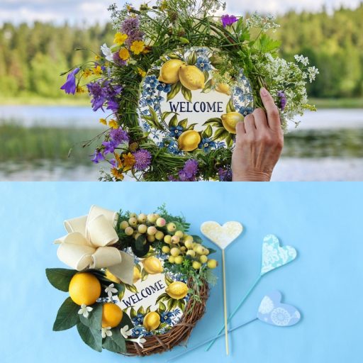 Nyomtatott fa tábla koszorú közép - Welcome citromos 11,8cm – húsvéti dekorációhoz