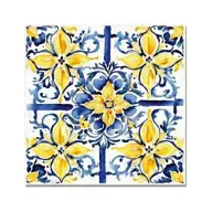 Nyomtatott fa tábla - Mediterrán csempe minta - kék-sárga 12,5x12,5cm – húsvéti dekorációhoz