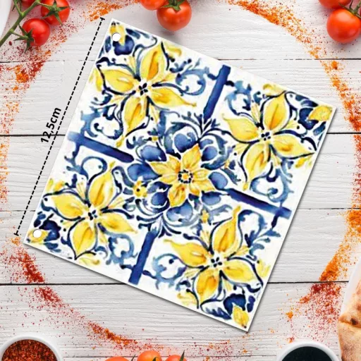 Nyomtatott fa tábla - Mediterrán csempe minta - kék-sárga 12,5x12,5cm – húsvéti dekorációhoz