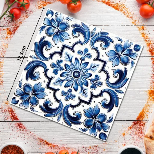 Nyomtatott fa tábla - Mediterrán csempe minta - kék sima 12,5x12,5cm – húsvéti dekorációhoz