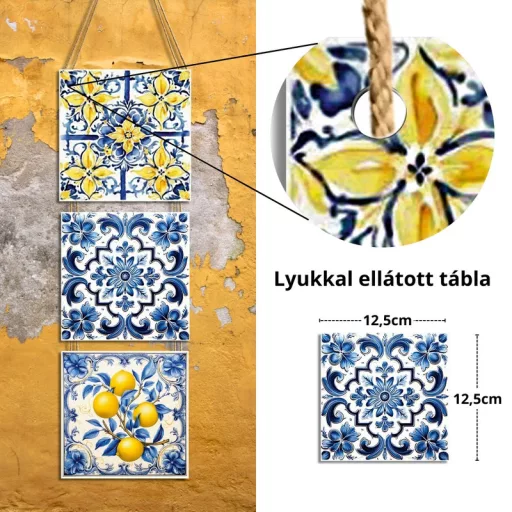 Nyomtatott fa tábla - Mediterrán csempe minta 12,5x12,5cm 4db/csomag