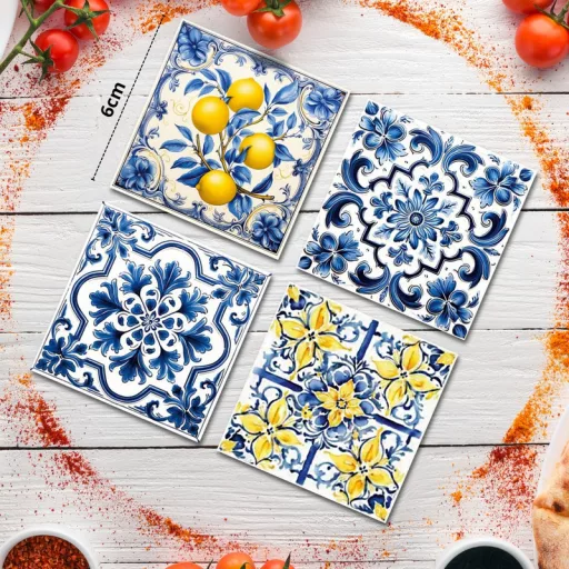 Nyomtatott dekorkarton - Mediterrán csempe minta 6x6cm 4db/csomag – húsvéti dekorációhoz