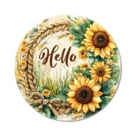 Nyomtatott fa tábla koszorú közép - Napraforgós Hello 11,8cm – őszi dekorációhoz