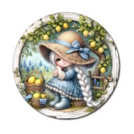 Nyomtatott fa tábla koszorú közép - Citromos lány 11,8cm – húsvéti dekorációhoz