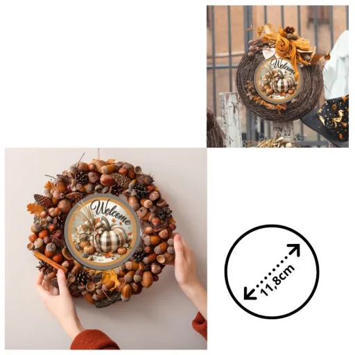 Nyomtatott fa tábla koszorú közép - Welcome kockás tökkel 11,8cm