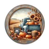 Nyomtatott fa tábla koszorú közép - Őszi táj kék teherautóval 11,8cm – őszi dekorációhoz