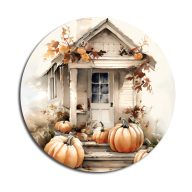 Nyomtatott fa tábla koszorú közép - Fehér-narancs tök házzal 11,8cm – őszi dekorációhoz