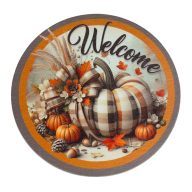 Nyomtatott fa tábla koszorú közép - Welcome kockás tökkel 14,8cm – kreatív dekorációhoz