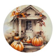 Nyomtatott fa tábla koszorú közép - Fehér-narancs tök házzal 14,8cm – kreatív dekorációhoz