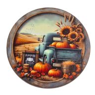Nyomtatott fa tábla koszorú közép - Őszi táj kék teherautóval 14,8cm – kreatív dekorációhoz