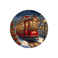 Nyomtatott fa tábla koszorú közép - Karácsonyi villamos 11,8cm – kreatív dekorációhoz