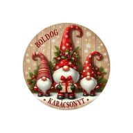 Nyomtatott fa tábla koszorú közép - Piros manók 11,8cm – kreatív dekorációhoz