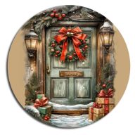 Nyomtatott fa tábla koszorú közép - Karácsonyi piros-zöld téma koszorú közép 11,8cm – karácsonyi dekorációhoz