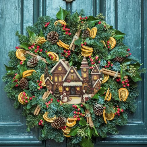 Nyomtatott dekorkarton - Félkoszorú közép - házikós 10x11,8cm – karácsonyi dekorációhoz