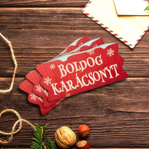 Nyomtatott dekorkarton - Karácsonyi szalag tábla havas - piros 3db – karácsonyi dekorációhoz