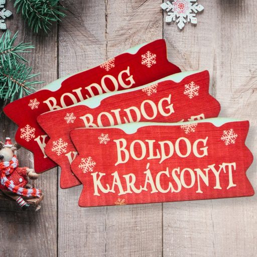 Nyomtatott dekorkarton - Karácsonyi szalag tábla havas - piros 3db – karácsonyi dekorációhoz