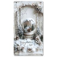 Nyomtatott fa tábla - Vintage fehér téma - hógömb 13x24,3cm – karácsonyi dekorációhoz
