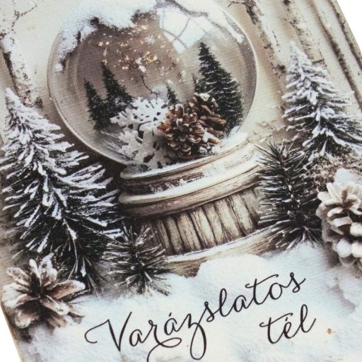 Nyomtatott fa tábla - Vintage fehér téma - hógömb 13x24,3cm – karácsonyi dekorációhoz