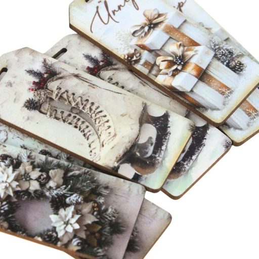 Nyomtatott dekorkarton - Vintage fehér téma - biléták 6db/csomag – karácsonyi dekorációhoz