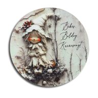 Nyomtatott fa tábla koszorú közép - Vint. fehér téma 11,8cm – karácsonyi dekorációhoz