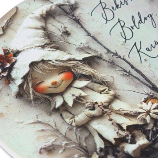 Nyomtatott fa tábla koszorú közép - Vint. fehér téma 11,8cm – karácsonyi dekorációhoz