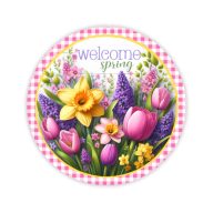 Nyomtatott fa tábla koszorú közép - Welcome Spring 11,8cm – koszorúkészítéshez